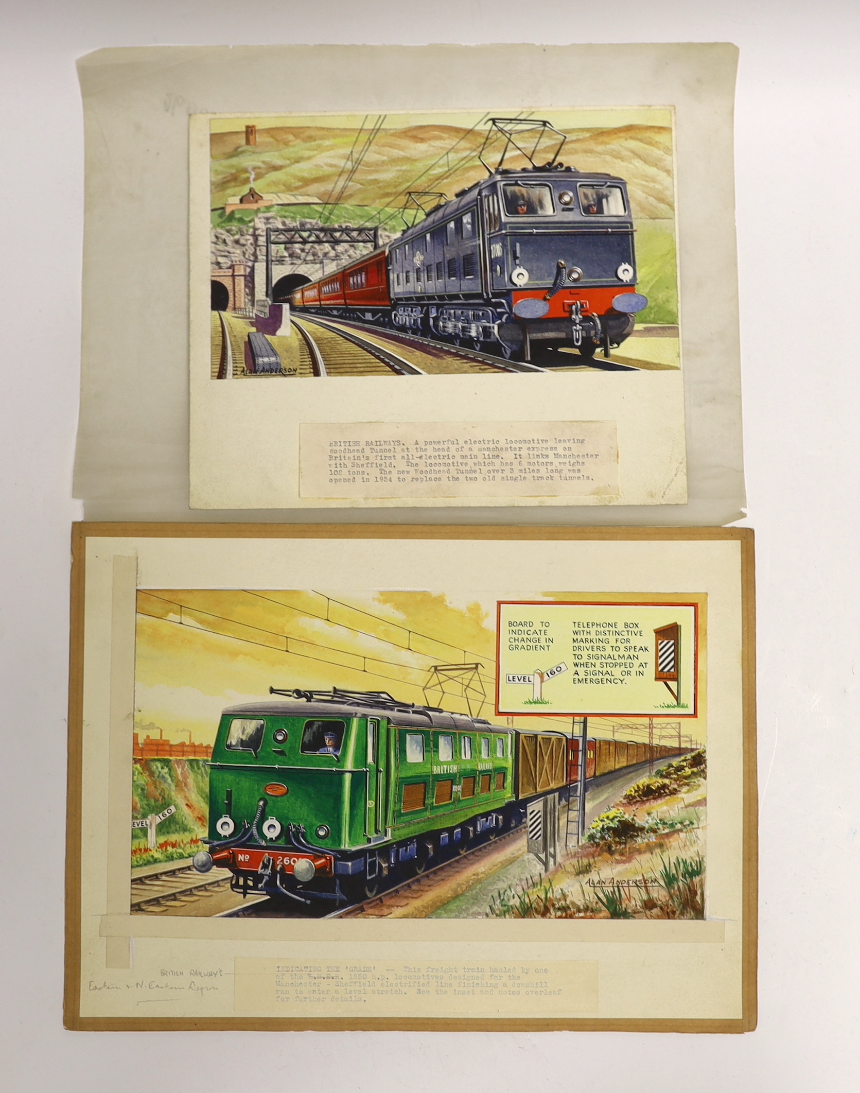 Alan Anderson, two watercolours, a BR Class 76 electric locomotive leaving Woodhead tunnel, 15.5 x 27cm and an ex-LNER 16000 electric locomotive, 18.5 x 32cm, both signed